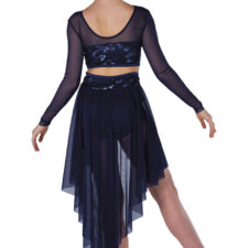 Sequin crop top with mesh sleeves and chiffon skirted briefs