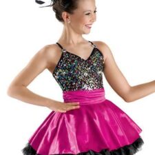 Fuchsia and black skirted leotard with multi colour sequin bodice (hat not included)