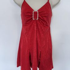 Red sequin skirted biketard with silver buckle