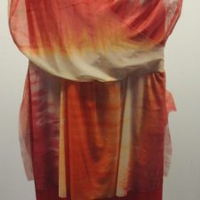 Red catsuit with orange and yellow tie dye chiffon drape and scrunchie - Bespoke measurement costumes