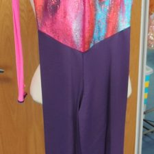 Purple trousers with pink and turquoise multi top all-in-one with one pink sleeve - Bespoke measurement costumes