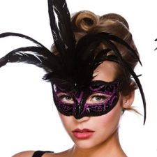 Black and purple mask with feather