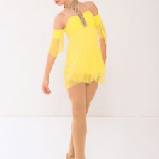 Yellow skirted leotard with beaded neckline and arm gloves