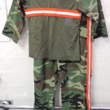 Khaki, camo and orange short sleeve top and trousers