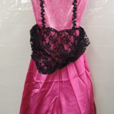 Pink satin dress with black lace trim