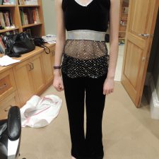 Black and silver velvet and mesh crop top and trousers