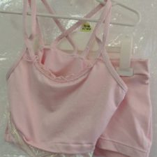 Pink crop top with ruffle and shorts
