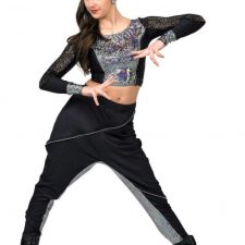 Black and metallic gold crop top and hip hop harem trousers with zip detail (beanie hat not included)