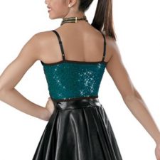 Wine sparkle crop top and black leather look skirt, with attached shorts, and collar