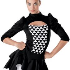 Black and white puff sleeve skirted biketard with geometric pattern