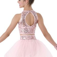 Pale pink sequin crop top and bike shorts with attached tutu skirt
