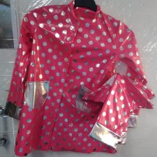Pink and silver raincoat with hat and boot covers