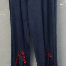 Blue denim dance trousers with red sequin trim