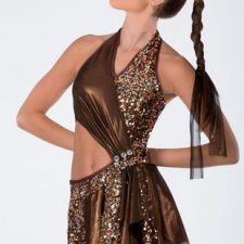 Brown skirted leotard with sequins and cut out middle