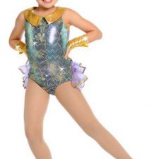Purple and gold iridescent leotard with collar and bustle