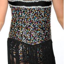 Black multi color sequin leotard with long fringed skirt