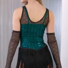 Turquoise and black fringed leotard and mesh gloves