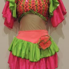 Neon coloured sparkle leotard with ruffled sleeves and skirt