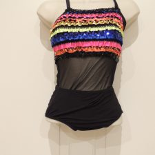 Neon stripe leotard and angled skirt with flower embellishment