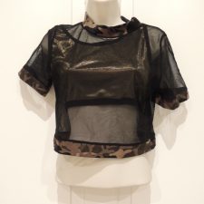 Camo print trousers with 3 tops (camo print, sheer and gold crop top)