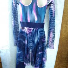 Blue and pink catsuit with metallic bodice and tie dye net skirt and sleeves