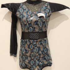 Blue, tan and black sequin snakeskin biketard with large shoulder pads and single sleeve
