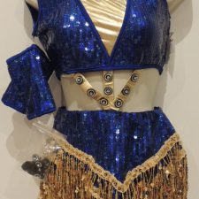 Royal blue sequin leotard with gold fringe skirt and cut out middle