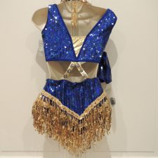Royal blue sequin leotard with gold fringe skirt and cut out middle