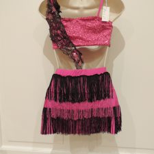 Pink and black crop top with floral applique and fringe skirt