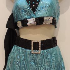 Turquoise, black and white sequin halter crop top and skirt with belt