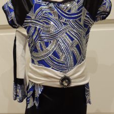 Blue, royal black and silver sparkle biketard with short sleeves and white belt