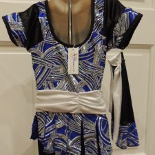 Blue, royal black and silver sparkle biketard with short sleeves and white belt