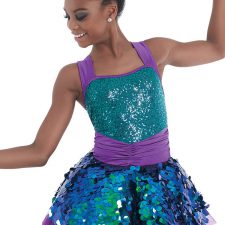 Turquoise and purple skirted leotard with scales