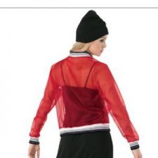 Sheer red jacket and black leggings