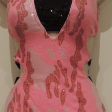 Pink camouflage print sequin leotard with black crop top