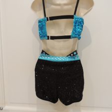 Black and turquoise sequin biketard with 't' design at waist