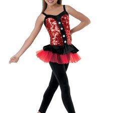 Red and black sequin catsuit with tutu skirt