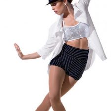 Navy pinstripe bikeshorts with sparkle crop top and over shirt