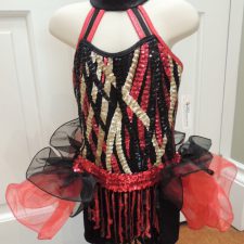 Black red and gold stripy biketard with bustle and fringe insert