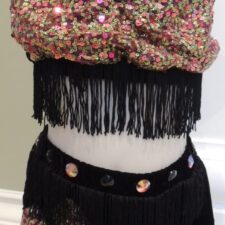 Multi colour sequin crop and black shorts with fringe detail