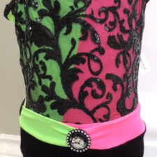 Black, neon pink and green biketard with paisley bodice