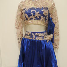 Royal blue and tan satin 3-piece with crop top and 2 skirts