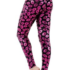 Hot pink metallic and black leggings with 'lips' design