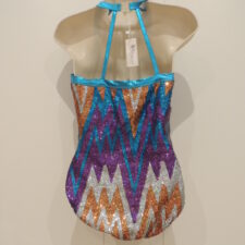 Zig zag pattern sequin leotard with turquoise, purple and copper and a turquoise feather bustle (not shown)