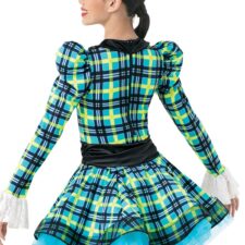 Plaid skirted leotard with lace ruffle and cuffs and hat