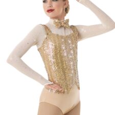 Pale gold and white long sleeve sequin leotard with bow tie and top hat