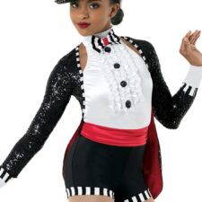 Black, white and red biketard with tails and top hat