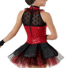 Black and red sparkle biketard with attached tutu skirt and fascinator