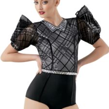 Black and silver biketard with puff sleeves and sequin collar