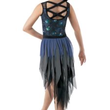 Blue, black and teal sparkle skirted leotard with shredded skirt